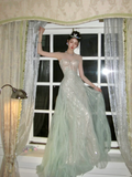Glitter A line Strapless Green With Beaded Crystals Prom Dress Aesthetic Long Graduation Evening Outfits HZ0311