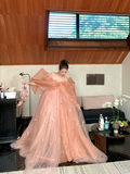 Modest Ball Gown Off The Shoulder Coral Pink With Long Sleeves Bow Prm Dress Aesthetic Long Graduation Evening Outfits HZ0311