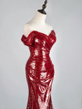 Gorgeous Burgundy Off The shoulder Mermaid Sequin With Short Sleeves Formal Evening Dress Gowns Prom Dresses HZ0311
