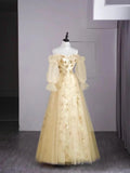 Vintage Night Aesthetic Ball Gown Strapless Tulle Yellow College Formal Sweet 16 Outfit Long Prom Dresses For Teens HZ0311