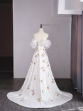 Modest A line Sweetheart Floral White College Formal Outfit With Long Sleeves Prom Graduation Dresses For Teens HZ0311