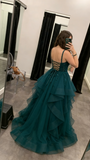 Classy Ball Gown V Neck Dark Green Tulle Appliques Prom Dresses Party Dress Long Evening Dresses HZ0311