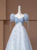 Fairytale Ball Gown Sweetheart With Puffy Sleeves Blue Tulle Long Formal Evening Dress Formal Birthday Gowns Prom Dresses HZ0311