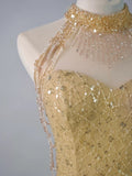 Sparkly Ball Gown High Neck Yellow Sequins Senior Prom Dresses High School Long Formal Dress HZ0311