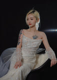 Romantic Long Wedding Dresses White Mermaid Strapless Lace Long Wedding Dress For Brides Fitted With Train Bridal Gowns HZ0311
