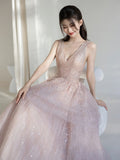 Cute Ball Gown Deep V Neck Pink Sequin Long Prom Dresses Impress 19th Birthday Outfits Prom Gown HZ0311