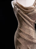 Glitter Mermaid Asymmetrical Neck Sequin Long Prom Dresses Champagne Formal Gowns Inspo Evening Outfit HZ0311