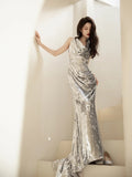 Mermaid Halter Silver Sequin Long Prom Dresses Impress 18th Birthday Outfits Prom Gown HZ0311