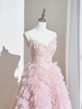 Cute Ball Gown Spaghetti Strap Blush Pink Tulle Long Prom Dresses Inspiration Evening Gowns Formal Party Prom Dress HZ0311