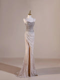 Sexy Mermaid Spaghetti Straps Champagne With Beadings Slit Wrap Long Prom Dresses Impress 19th Birthday Outfits Prom Gown HZ0311