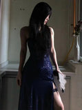 Sexy Navy Blue V-neck Lace-Up Mermaid Long Prom Dress with Slit Formal Dress HZ0311