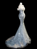 Fairytale Fantasy Art Wedding Dresses Mermaid Off The Shoulder Sequin With Beaded Bodice Long Brides Dress Fitted Bridal Gown HZ0311