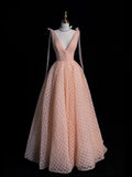 Modest Ball Gown V Neck Pink Tulle Long Formal Evening Dress Gowns Formal Prom Dresses HZ0311