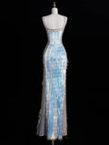 Glittering Mermaid Spaghetti Strap Blue Long Prom Dresses Inspo 18th Birthday Outfits Formal Dress HZ0311
