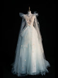 Modest Ball Gown V Neck Light Sky Blue Tulle Prom Dresses Inspiration Party Gowns Princess Formal Dress HZ0311