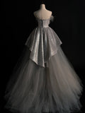Modest Ball Gown Strapless Sequin Gray Tulle Long Prom Dresses For High School Teens Girls Formal Bridesmaid Dress HZ0311