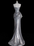 Whimsical Mermaid Strapless Silver Gray Sequin Pleated Bodice Long Prom Dresses Night Formal Dress HZ0311