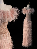 Modest Sheath Strapless Pink With Feathers Sequins Prom Dresses Inspiration Party Gowns Princess Formal Dress HZ0311