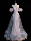Elegant Mermaid Jewel Neck Tulle With Feathers Long Prom Dresses Formal Party Gowns Vestidos De Dia HZ0311