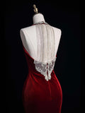 Stunning Mermaid Scoop Neck Burgundy Velvet With Tassels Prom Dresses Inspiration Evening Dress Princess Graduation Gown HZ0311