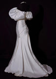Classic Wedding Dresses Mermaid Off The Shoulder Ivory Satin Short Sleeves Brides Dress Fitted Bridal Gowns HZ0311