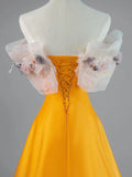 Modest A line Off The Shoulder Orange Appliqued Lace Satin Long Prom Dresses Night Formal Dresses HZ0311