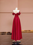 Gorgeous A line Off The Shoulder Burgundy Satin With Short Sleeves Formal Evening Dress Gowns Long Prom Dresses HZ0311