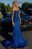 Shiny Royal Blue Mermaid Spaghetti Straps Long Beaded Prom Dress Party Gowns HZ0311