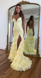 Elegant Mermaid Spaghetti Straps Yellow Sleeveless Lace Slit Long Tulle Prom Dresses Vestidos De Dia HZ0311