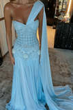 Exquisite Mermaid One Shoulder Pink Chiffon With Silver Beaded Prom Dresses Long Party Dress 18th Birthday Outfits Prom Gown HZ0311
