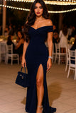 Simple Mermaid Off The Shoulder Navy Blue With Split Long Formal Fancy Prom Evening Dress Dinner Outfits Classy Party Gowns For Black Girls HZ0311