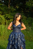 Special Ball Gown Sweetheart Strap Dark Navy Blue Lace With High Slit Sleeveless Long Prom Dresses Inspo Prom Gown HZ0311
