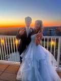 Modest Ball Gown V Neck Light Sky Blue Tulle Lace Prom Dresses For Teens Formal Dress Party Outfits Prom Gowns HZ0311
