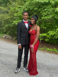 Gorgeous Mermaid Sweetheart Red Slit Sequins Beaded Bodice Prom Dresses Long Formal Party Gown HZ0311