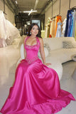 Elegant Fuchsia Halter Sleeveless Satin Prom Dress A-Line Long With Gem Graduation Gown HZ0311