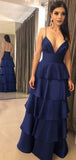 Classy A Line Dark Royal Blue Spaghetti Strap Tiered High Waist Prom Dresses HZ0311