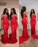 Gorgeous Mermaid Off The Shoulder Red Sequins Beaded Bodice Prom Dresses Long Formal Party Gown HZ0311