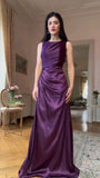 Chic Mermaid Scoop Neck Purple Satin Pleated Sleeveless Long Party Women Prom Dresses HZ0311