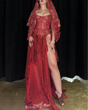 Sexy Burgundy Off Shoulder Sheath Split Long Party Dress Birthday Outfits, HZ0427