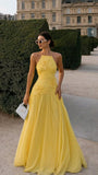Modest A line Butter yellow floral prom dress sleeveless chiffon prom gowns HZ0311