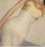 Pretty Mermaid Strapless Long Yellow Sequin Satin Party Dresses Prom Dresses Graduation Gown HZ0311