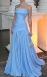 Gorgeous Chic Blue Strapless Sleeveless A Line Long Prom Dresses With Pleated Formal Gowns HZ0311