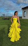 Sexy Ball Gown Strapless Basque Waist Corset Ruffle Yellow Satin Long Formal Party Prom Dresses HZ0311