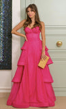 Attractive Ball Gown Sweetheart Basque Waist Corset Ruffle Hot Pink Long Formal Party Prom Dresses HZ0311