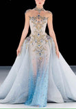 Modest Mermaid High Neck Blue Tulle Gold Beaded Long Prom Dresses Inspiration Evening Gowns For Women Formal Party Dress HZ0311