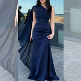 Elegant Mermaid One Shoulder Navy Blue With Sleeves Winter Long Formal Ideas Prom Evening Dress Dinner Outfits Party Gowns For Women HZ0311