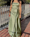 Cute A Line Strapless Sage Green Slit Prom Dresses Inspo For Teens Formal Dress Party Outfits Prom Gowns HZ0311