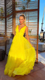 Modest A Line V Neck Yellow Chiffon Prom Dresses Inspo Simple Long Prom Gowns HZ0311
