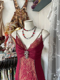 Vintage V Neck Lace Burgundy Long Prom Dress Mermaid Evening Party Gown Dance Outfits HZ0311