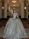 Timeless Ball Gown Strapless Silver Sequin Long Prom Dresses Inspiration Party Dress Prom Gowns HZ0311